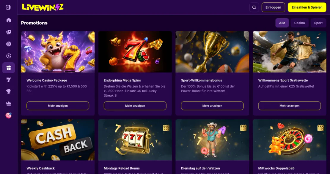 Bonusbereich auf der Website von livewinz88.com