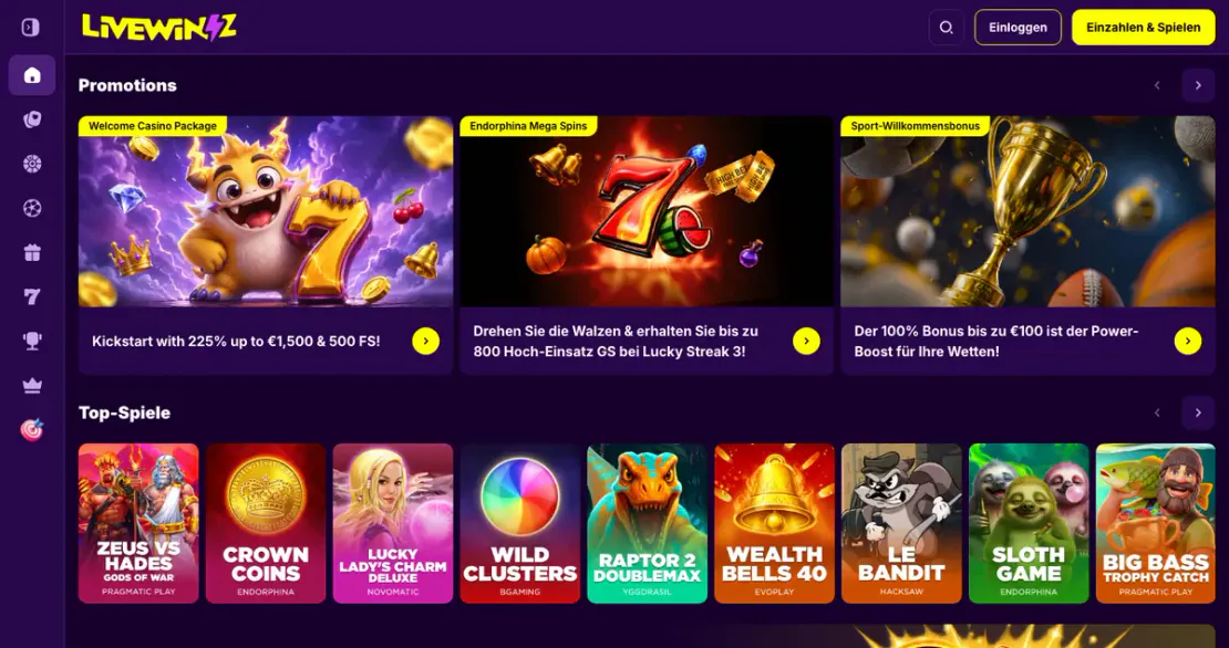 Casino-Lobby von livewinz88.com: Slots auf der Startseite