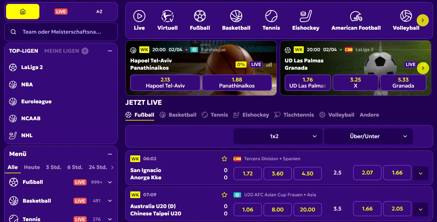 LiveWinz Sportwetten Bereich und Wettangebote
